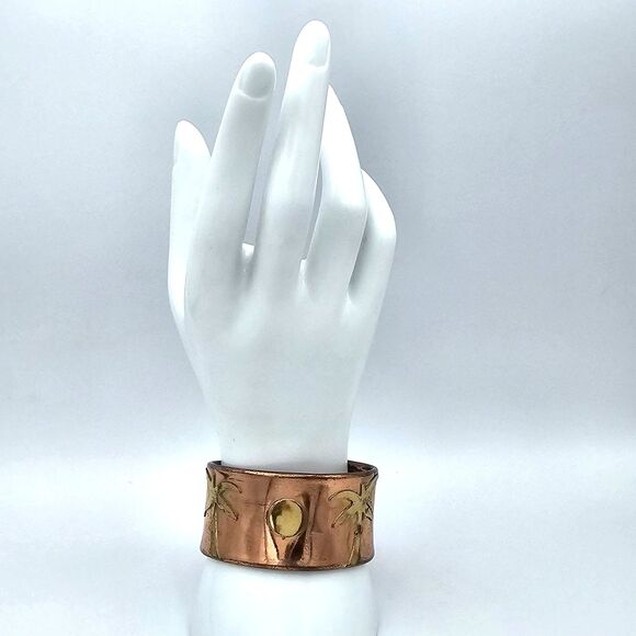 Copper Brass Cuff Bracelet Vtg Tropical Island Palm Frond Tree Sun Antique Boho - Picture 3 of 7
